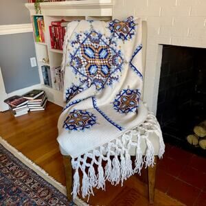 Handmade Knitted Needlepoint Style Afghan Throw Blanket 40x60 Blue Gold Cottage